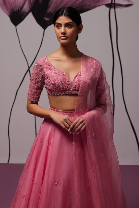 Shop Zoon Pink Crepe, Silk Organza Embroidery, Sequins V-neck Floral Butti Lehenga Set Online at Aza Fashions Shop_Zoon_Pink Crepe, Silk Organza Embroidery, Sequins V-neck Floral Butti Lehenga Set _Online_at_Aza_Fashions