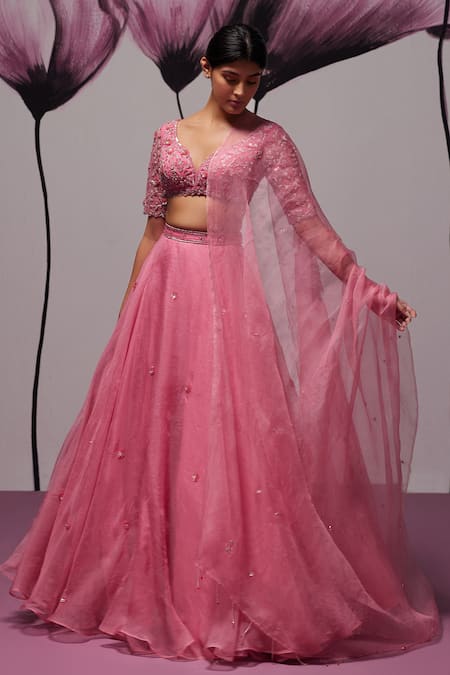 Zoon Pink Crepe, Silk Organza Embroidery, Sequins V-neck Floral Butti Lehenga Set at Aza Fashions Zoon_Pink Crepe, Silk Organza Embroidery, Sequins V-neck Floral Butti Lehenga Set _at_Aza_Fashions