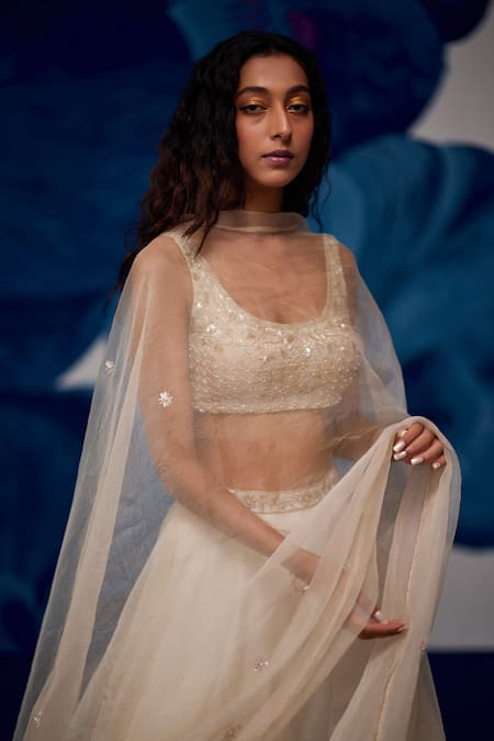 Shop_Zoon_Gold Crepe, Silk Organza Sequins, Embroidery Round Neck Floral Jaal Lehenga Set _Online_at_Aza_Fashions