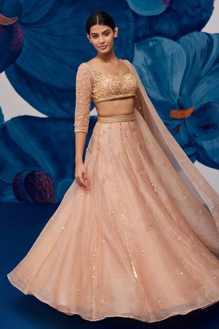 Zoon_Pink Net, Silk Organza Embroidery, Sequins, Crystals Floral Butti Lehenga Set _Online_at_Aza_Fashions