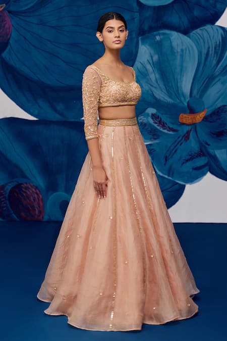 Shop_Zoon_Pink Net, Silk Organza Embroidery, Sequins, Crystals Floral Butti Lehenga Set _Online_at_Aza_Fashions