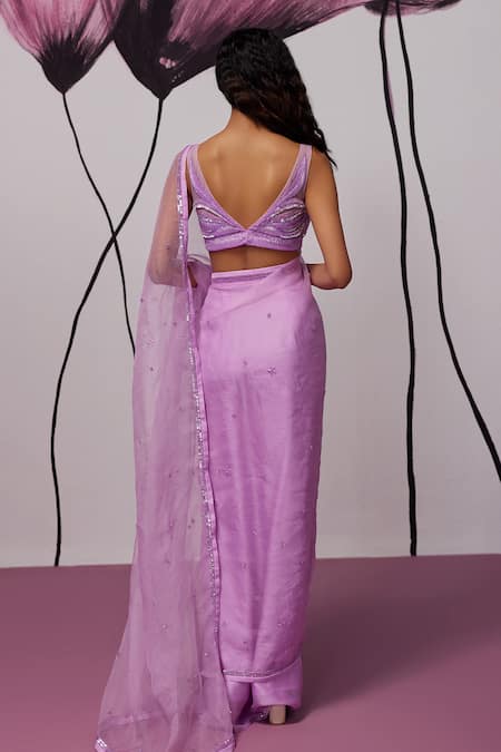Shop Zoon Purple Chiffon, Crepe Sequins, Sheer Embroidered Pre-stitched Saree With Blouse at Aza Fashions Shop_Zoon_Purple Chiffon, Crepe Sequins, Sheer Embroidered Pre-stitched Saree With Blouse _at_Aza_Fashions
