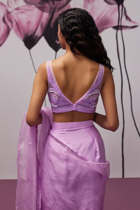 Zoon Purple Chiffon, Crepe Sequins, Sheer Embroidered Pre-stitched Saree With Blouse Online at Aza Fashions Zoon_Purple Chiffon, Crepe Sequins, Sheer Embroidered Pre-stitched Saree With Blouse _Online_at_Aza_Fashions