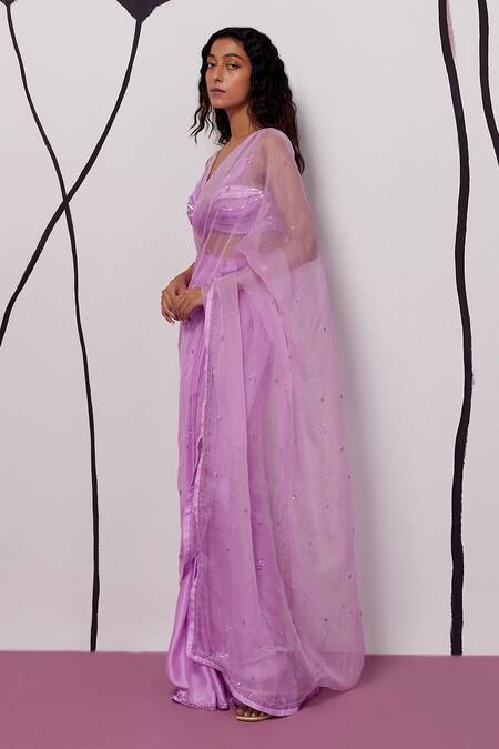 Shop Zoon Purple Chiffon, Crepe Sequins, Sheer Embroidered Pre-stitched Saree With Blouse Online at Aza Fashions Shop_Zoon_Purple Chiffon, Crepe Sequins, Sheer Embroidered Pre-stitched Saree With Blouse _Online_at_Aza_Fashions