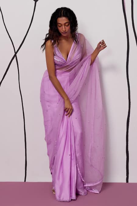 Zoon Purple Chiffon, Crepe Sequins, Sheer Embroidered Pre-stitched Saree With Blouse at Aza Fashions Zoon_Purple Chiffon, Crepe Sequins, Sheer Embroidered Pre-stitched Saree With Blouse _at_Aza_Fashions