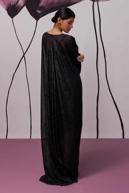 Shop_Zoon_Black Georgette, Cotton Embroidery V-neck Floral Applique Embellished Kaftan _at_Aza_Fashions