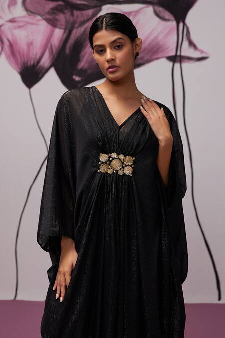 Shop_Zoon_Black Georgette, Cotton Embroidery V-neck Floral Applique Embellished Kaftan _Online_at_Aza_Fashions