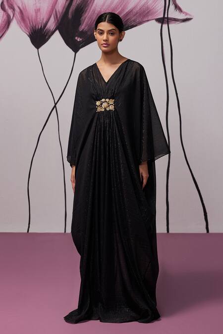 Zoon_Black Georgette, Cotton Embroidery V-neck Floral Applique Embellished Kaftan _at_Aza_Fashions