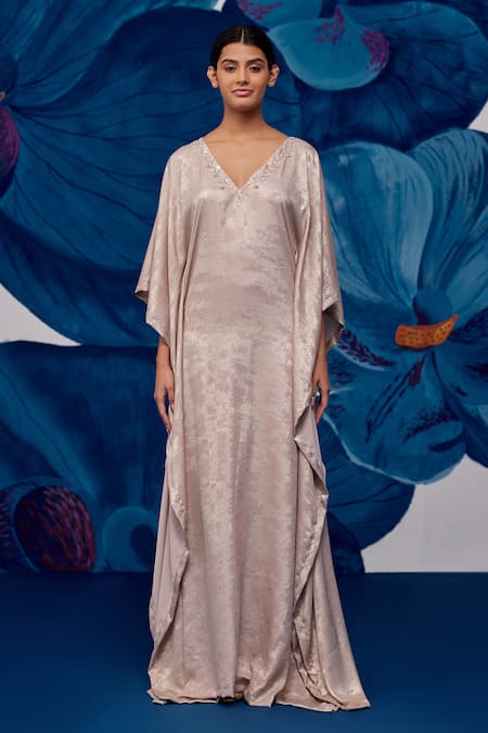 Shop_Zoon_Beige Satin, Silk Sequins V-neck Shimmer Embellished Kaftan _at_Aza_Fashions