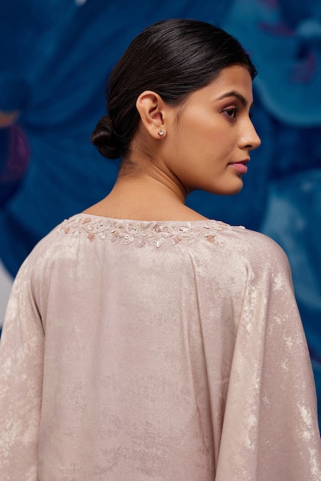 Zoon_Beige Satin, Silk Sequins V-neck Shimmer Embellished Kaftan _Online_at_Aza_Fashions