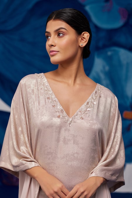 Buy_Zoon_Beige Satin, Silk Sequins V-neck Shimmer Embellished Kaftan _Online_at_Aza_Fashions