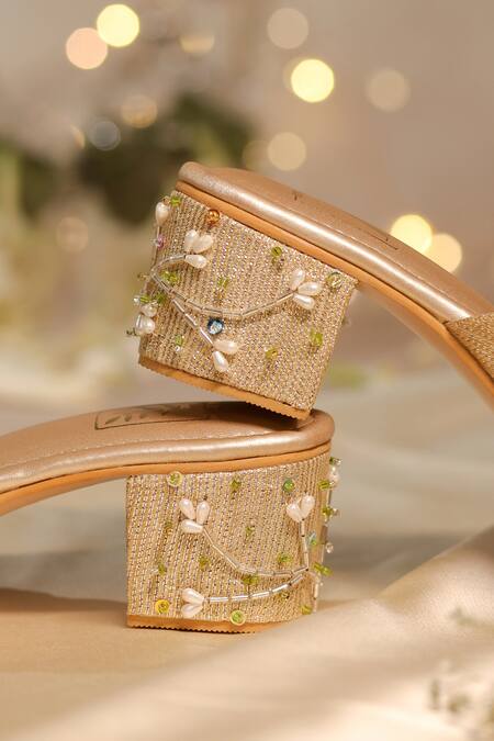 House Of Vian_Gold Sequins, Pearls, Beads Firdaus Applique Embroidered Mule Heels _Online_at_Aza_Fashions