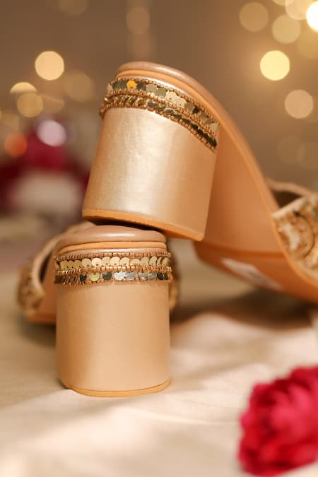 House Of Vian_Gold Cut Work, Sequins, Beads Maia Embellished Mule Heels _Online_at_Aza_Fashions