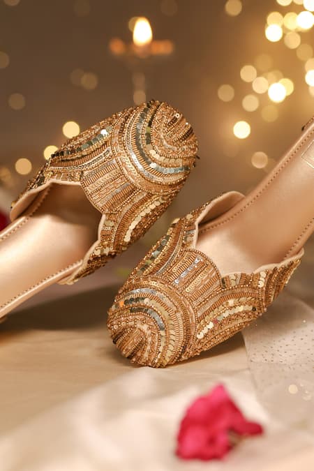 Buy_House Of Vian_Gold Cut Work, Sequins, Beads Maia Embellished Mule Heels _Online_at_Aza_Fashions