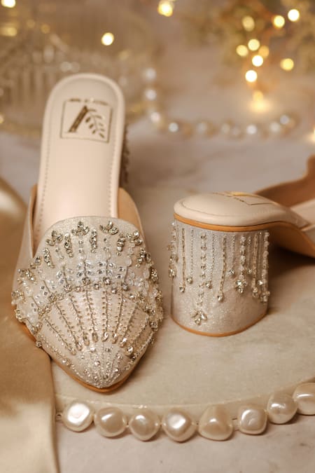 House Of Vian Silver Crystals, Cut Work, Sequins Sitarah Stripe Embroidered Mule Heels 