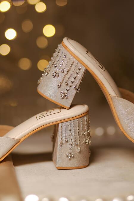 House Of Vian_Silver Crystals, Cut Work, Sequins Sitarah Stripe Embroidered Mule Heels _Online_at_Aza_Fashions