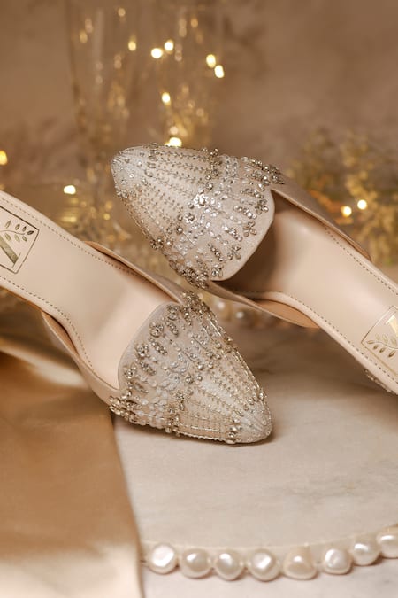 Buy_House Of Vian_Silver Crystals, Cut Work, Sequins Sitarah Stripe Embroidered Mule Heels _Online_at_Aza_Fashions