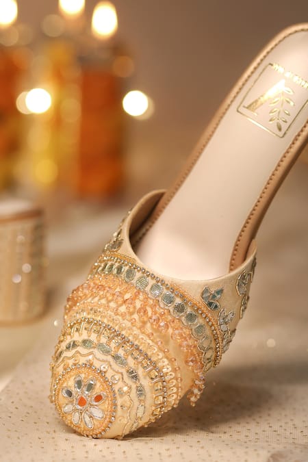 Buy_House Of Vian_Gold Crystals, Cut Work, Mirrors Zoya Mule Heels _Online_at_Aza_Fashions