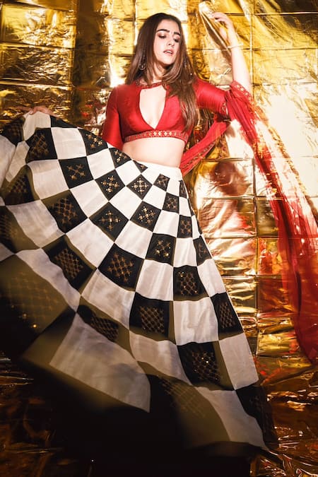 PRIYAL PRAKASH Multi Color Raw Silk Embroidered Zari And Sequin Chess Board Pattern Lehenga Set 