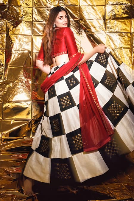 Shop_Priyal Prakash_Multi Color Organza, Sequins, Zari, Chess Board Pattern Lehenga Set _Online_at_Aza_Fashions