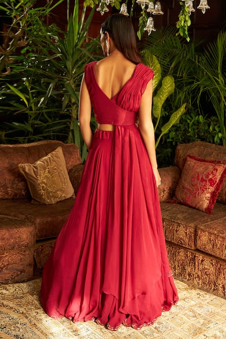 Shop_Shreeka_Red Viscose, Georgette Sequins, Beads Embroidered Draped Blouse And Skirt Set _at_Aza_Fashions