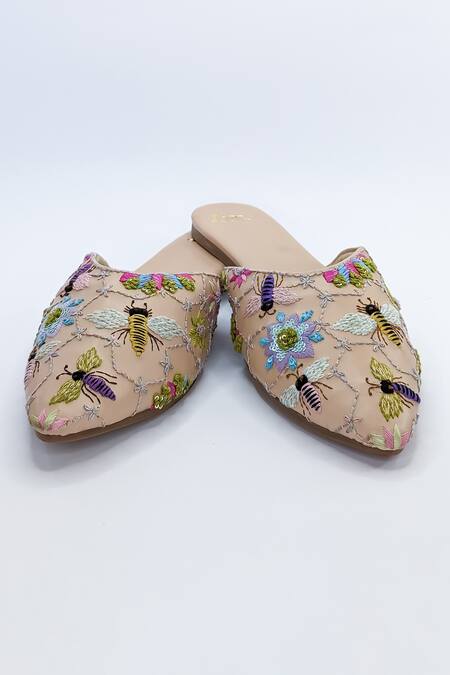 Azora_Beige A Thread Embroidered Mules_Online_at_Aza_Fashions