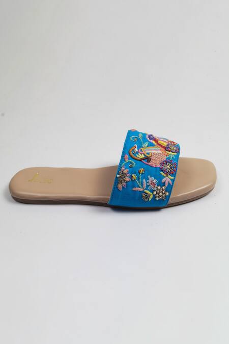 Azora_Blue Thread Spring Birds Embroidered Flats _Online_at_Aza_Fashions