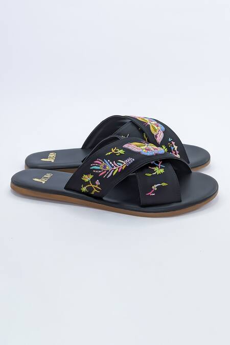 Shop_Azora_Black Thread Farasha Butterfly Embroidered Flats _Online_at_Aza_Fashions