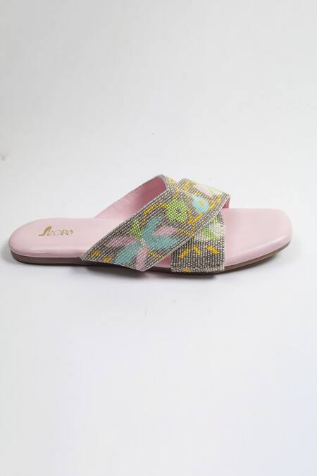 Azora_Pink Bead Farasha Embroidered Flats _Online_at_Aza_Fashions