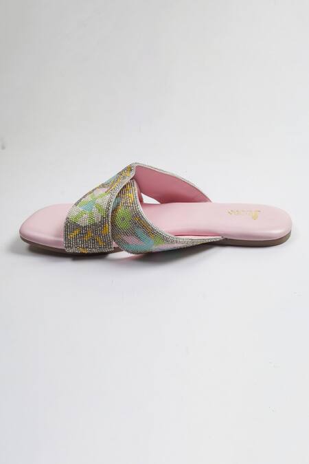 Buy_Azora_Pink Bead Farasha Embroidered Flats _Online_at_Aza_Fashions