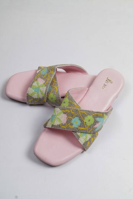 Shop_Azora_Pink Bead Farasha Embroidered Flats _Online_at_Aza_Fashions