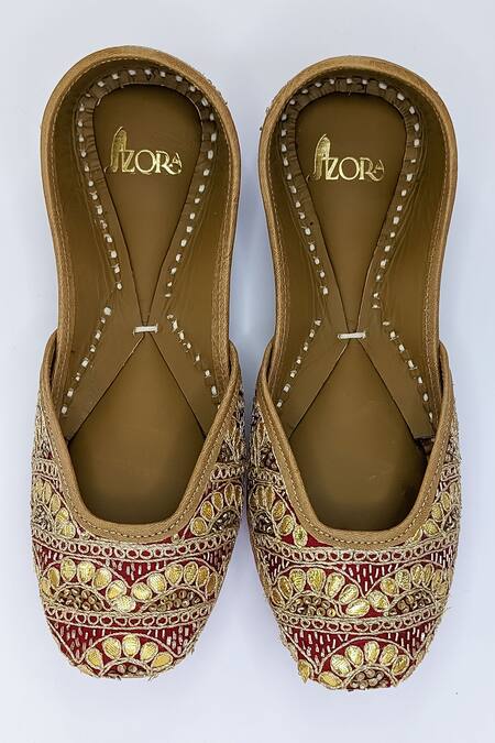 Azora_Red Gota Rooh Embroidered Juttis _at_Aza_Fashions