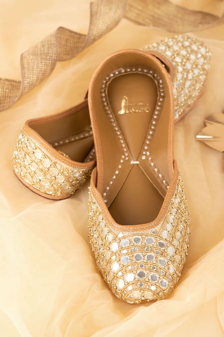 Azora Beige Mirror Sheesh Embroidered Juttis 