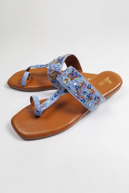 Azora Blue Mirror Sneh Strap Embroidered Kolhapuris Online at Aza Fashions Azora_Blue Mirror Sneh Strap Embroidered Kolhapuris _Online_at_Aza_Fashions
