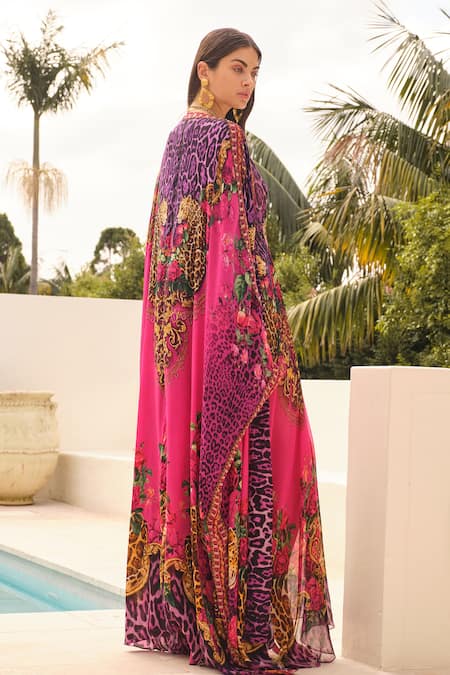 Zariaah Purple & Pink Embellished Kaftan with Cape 