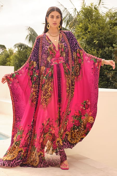 Zariaah Purple Chiffon, Viscose Crystals V-neck And Pink Embellished Kaftan With Cape Online at Aza Fashions Zariaah_Purple Chiffon, Viscose Crystals V-neck And Pink Embellished Kaftan With Cape _Online_at_Aza_Fashions