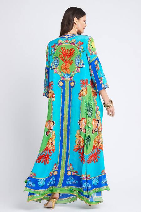 Shop Zariaah Blue Viscose, Silk Square Neck Marine Print Cape Skirt Set at Aza Fashions Shop_Zariaah_Blue Viscose, Silk Square Neck Marine Print Cape Skirt Set _at_Aza_Fashions