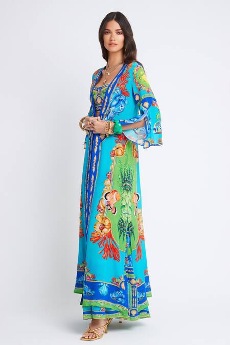 Zariaah Blue Viscose, Silk Square Neck Marine Print Cape Skirt Set Online at Aza Fashions Zariaah_Blue Viscose, Silk Square Neck Marine Print Cape Skirt Set _Online_at_Aza_Fashions
