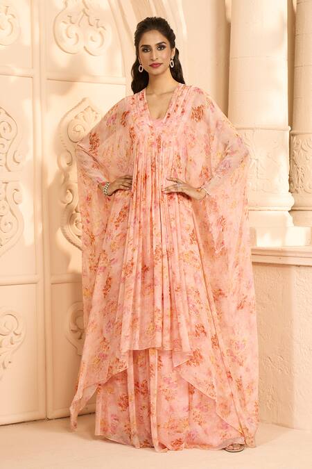 Buy_Aariyana Couture_Peach Chiffon, Modal Embroidery V-neck, Floral Print Kaftan Kurta And Skirt Set