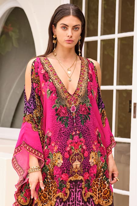 Zariaah_Purple Viscose, Silk, Spandex Sapphire Printed Kaftan Tunic With Leggings _Online_at_Aza_Fashions