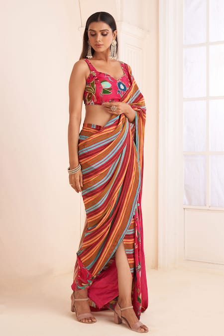Affroz_Pink Viscose Lace Sweetheart Neck Striped Print Pre-draped Saree With Blouse _Online_at_Aza_Fashions