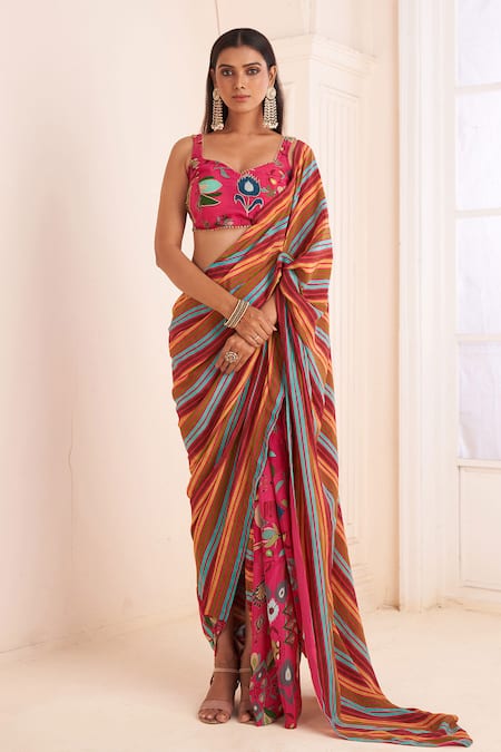 Buy_Affroz_Pink Viscose Lace Sweetheart Neck Striped Print Pre-draped Saree With Blouse _Online_at_Aza_Fashions