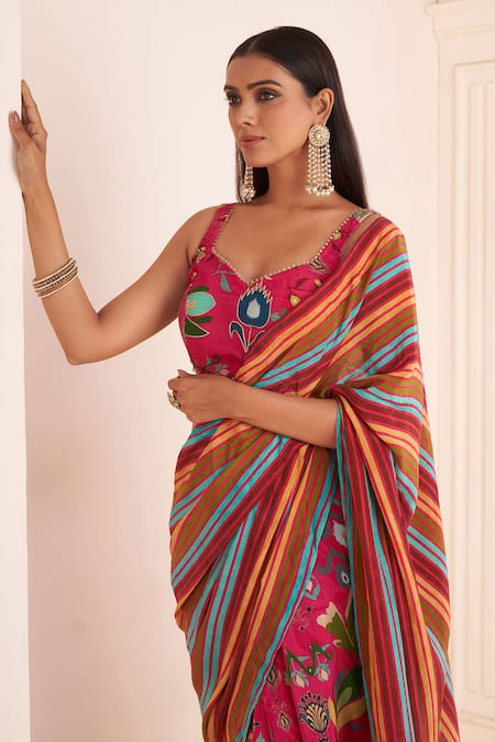 Shop_Affroz_Pink Viscose Lace Sweetheart Neck Striped Print Pre-draped Saree With Blouse _Online_at_Aza_Fashions