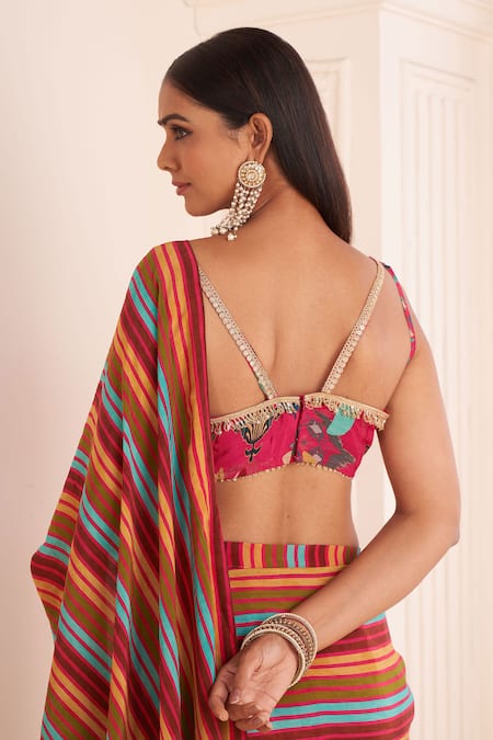 Affroz_Pink Viscose Lace Sweetheart Neck Striped Print Pre-draped Saree With Blouse _at_Aza_Fashions