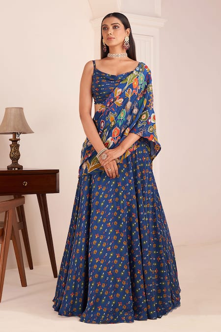 Affroz_Blue Viscose Embroidery Cowl Neck Wildflora Bloom Print Lehenga Saree And Blouse _Online_at_Aza_Fashions