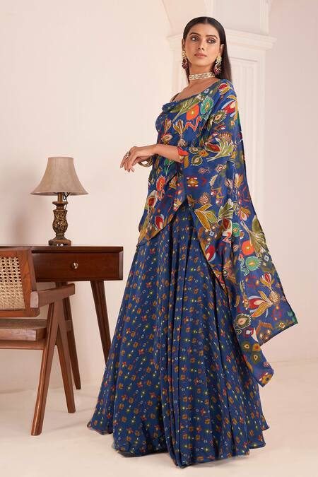 Buy_Affroz_Blue Viscose Embroidery Cowl Neck Wildflora Bloom Print Lehenga Saree And Blouse _Online_at_Aza_Fashions