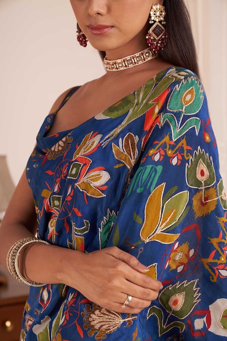 Affroz_Blue Viscose Embroidery Cowl Neck Wildflora Bloom Print Lehenga Saree And Blouse _at_Aza_Fashions