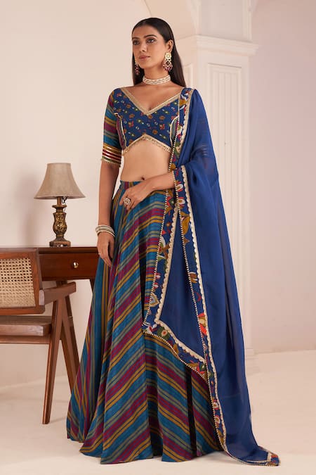 AFFROZ Blue Viscose Crepe Print Stripe V Neck Band Lehenga Blouse Set 