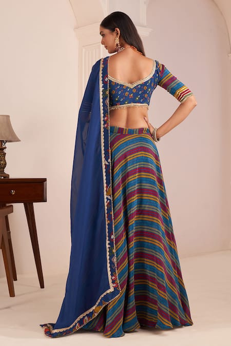 Shop_Affroz_Blue Viscose Gota Patti V-neck Band Stripe Print Lehenga Blouse Set _at_Aza_Fashions