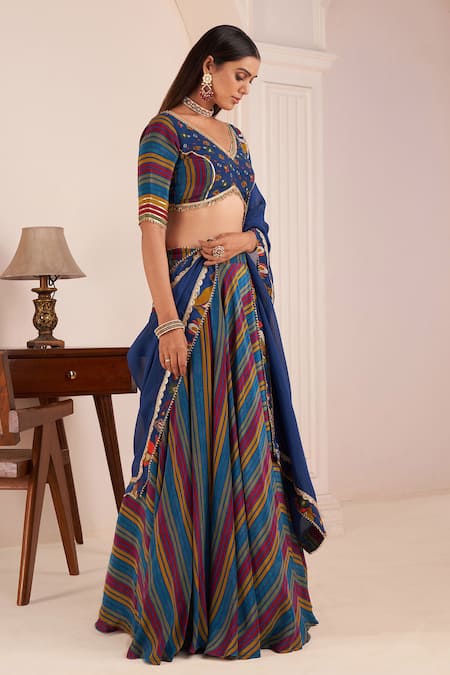 Affroz_Blue Viscose Gota Patti V-neck Band Stripe Print Lehenga Blouse Set _Online_at_Aza_Fashions